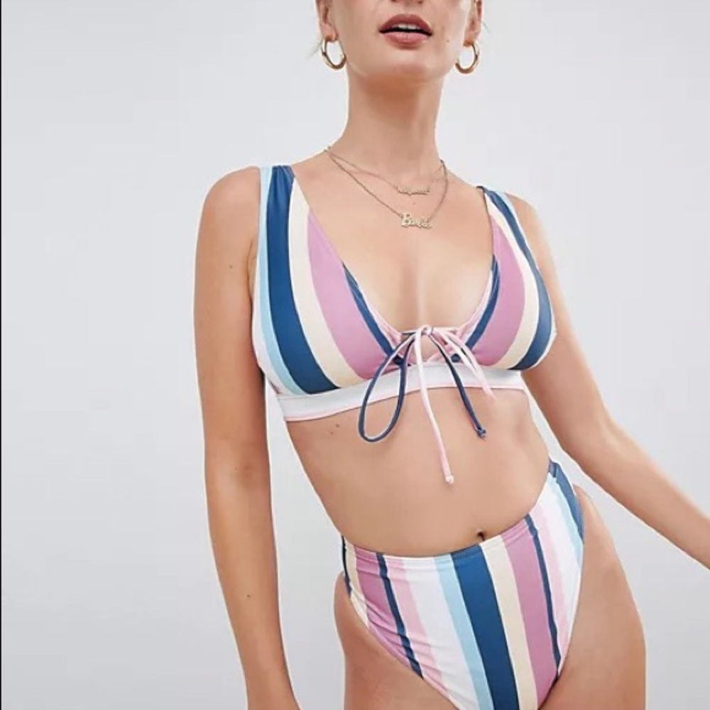 Mixed stripe print high leg high waist bikini bottom & tie front crop bikini top